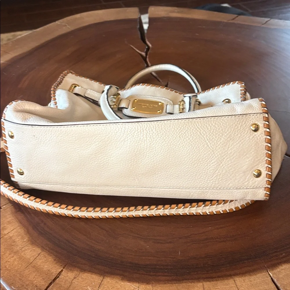 Michael Kors Hamilton Whipstitch Leather Satchel Cream Tan Gold Hardware